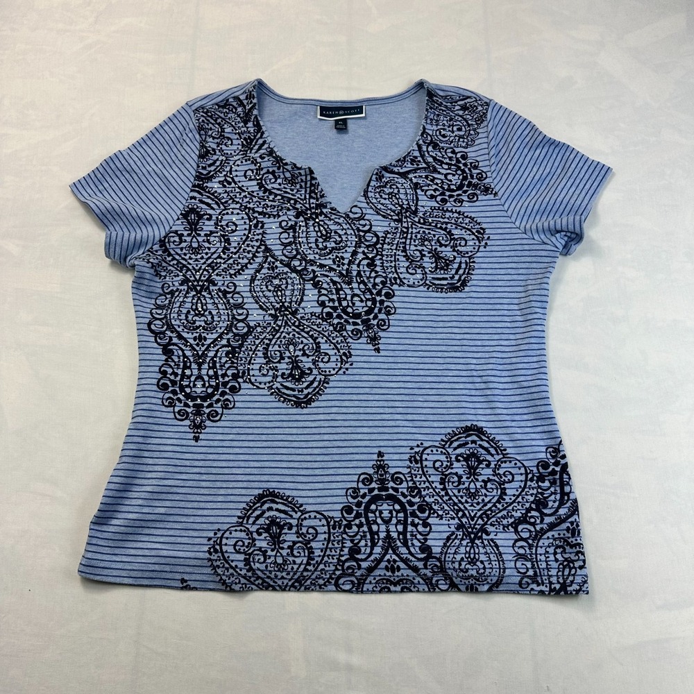 Karen Scott T-Shirt Womens XL Blue Striped Rhinestone Paisley V-Neck Pullover